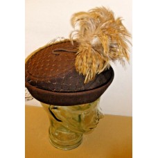 Vintage Pierce 1950s Brown Felt Hat w/ Feather and Netting + Mr. Jacques Hatbox  eb-05176473